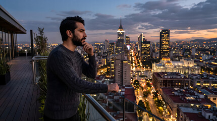 Fototapeta premium Man on rooftop terrace overlooking city skyline at dusk