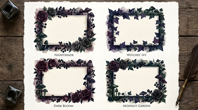 Gothic Watercolor Floral Frame Collection with Quill Pen and Inkwell on Rustic Wood Table Flat Lay Template