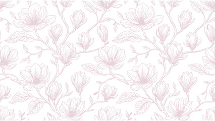 Vintage magnolia flower seamless pattern. Pink floral line art background. Elegant botanical vector wallpaper design. © @ahmedmaynul