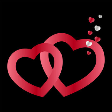 Two intertwined red hearts with smaller floating hearts on black background love. Resizable and editable, EPS 10.