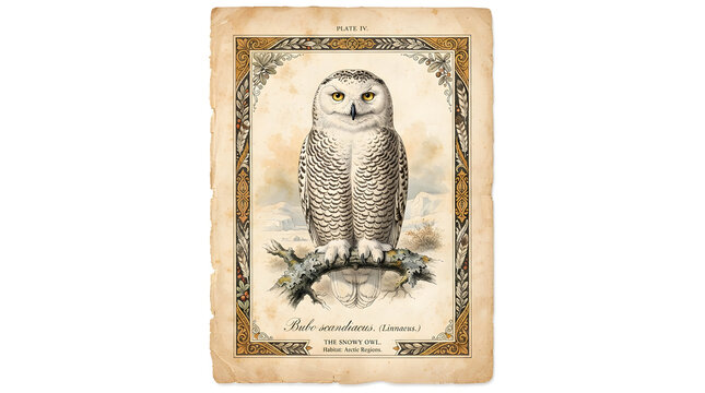 An owl perches on a branch within an ornate frame on a card.