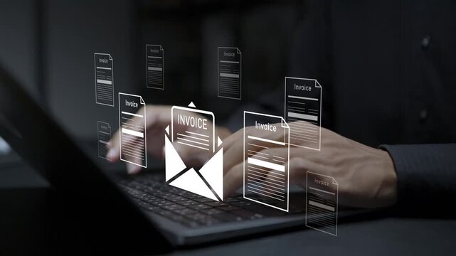 Digital invoice and billing management concept. Person using laptop with invoice and payment icons, electronic billing, financial records and automated accounting.