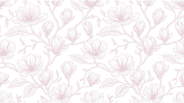 Vintage magnolia flower seamless pattern. Pink floral line art background. Elegant botanical vector wallpaper design.
