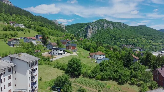 Aerial Panorama of Kljuc Town in Bosnia and Herzegovina on Sunny Summer Day