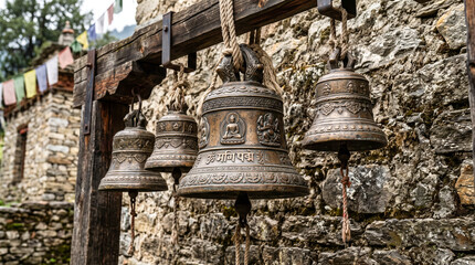 Obraz premium Campanas tradicionales de bronce con acabado antiguo y gran nivel de detalle para proyectos de stock.
