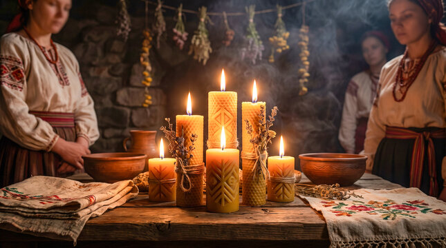 Velas artesanales encendidas creando un ambiente tradicional y acogedor con iluminaci&oacute;n cinematogr&aacute;fica.