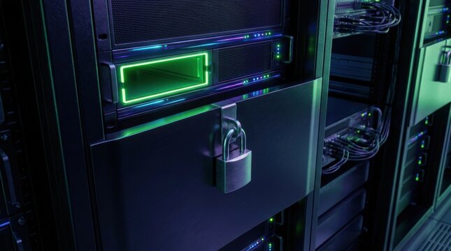 A secure server rack in a data center featuring a locked metal panel protecting sensitive hardware and digital infrastructure