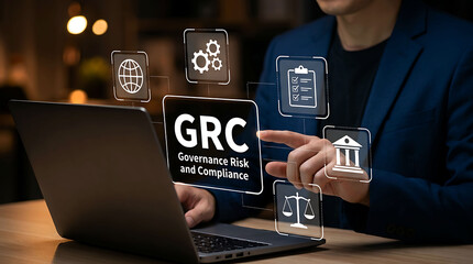 Fototapeta premium GRC Governance Risk and Compliance Concept with Businessman and Laptop