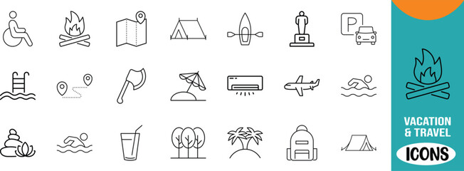 Vacation travel line vector icons. tent icon set, airplane icon set, campfire icon set © Kisor