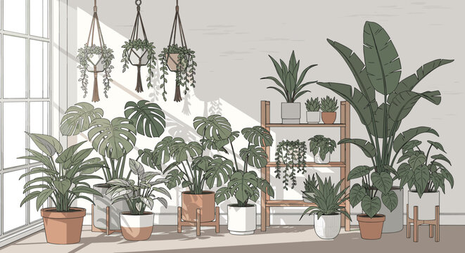Cozy interior room filled with various potted houseplants and hanging macrame planters by the window.