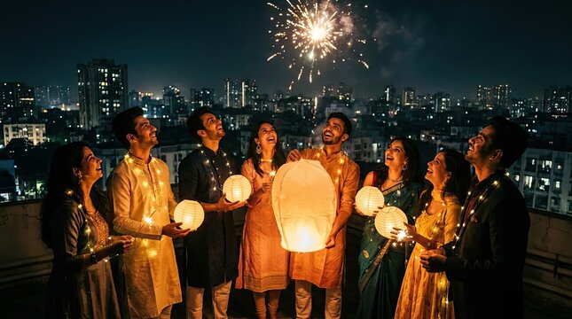 Indian friends celebrating Diwali with lanterns and fireworks.