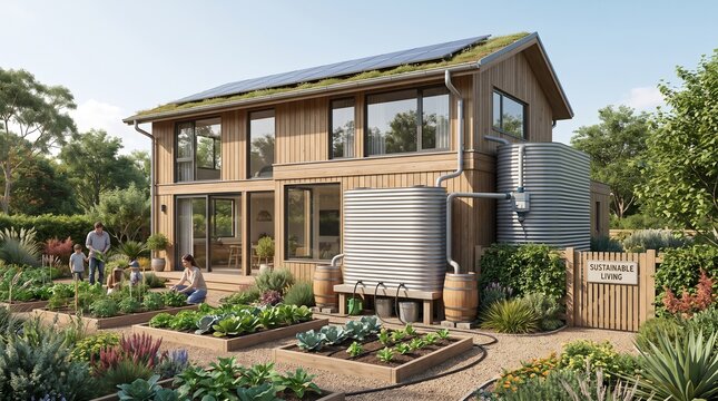 Sustainable Modern Eco-Friendly Home with Green Roof, Solar Panels, and Organic Vegetable Garden for Sustainable Living