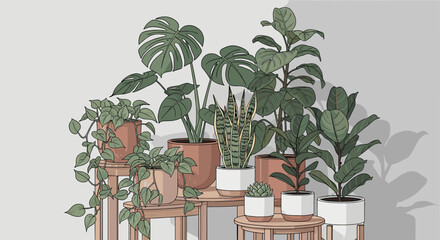 Collection of various indoor houseplants in ceramic pots arranged on wooden stands against a neutral wall. © Syaiin