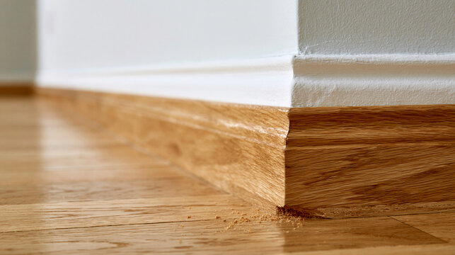High-resolution photorealistic documentary commercial stock photo of a wooden baseboard in an empty residential room showing realistic termite damage, small frass particles and sub