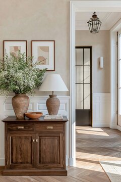 Elegant Parisian entryway featuring white panelled wainscoting, wooden console table, decorative vases, and stylish lamp illuminating a bright interior space
