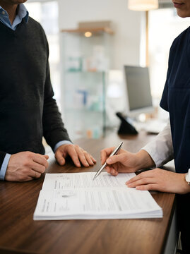 An apothecary healthcare professional explains medical documents and prescription details to a male patient at a pharmacy counter.