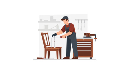 Fototapeta premium Professional Carpenter or Handyman Repairing Wooden Chair in Workshop, Furniture Assembly and Restoration Services Flat Vector Illustration
