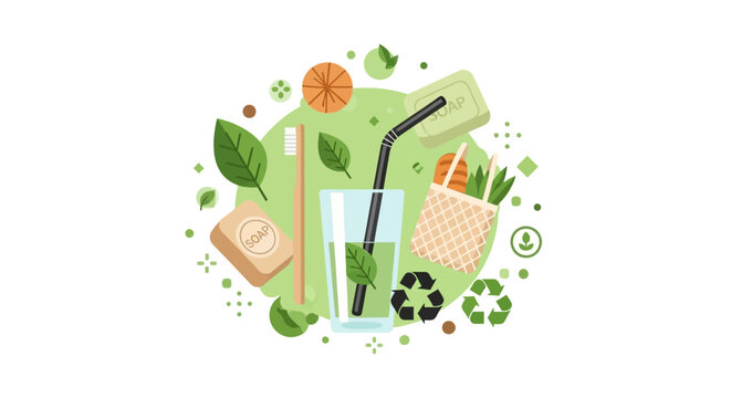 Eco-Friendly Zero Waste Lifestyle Illustration with Sustainable Products, Reusable Straw, Bamboo Toothbrush, Bar Soap, and Recycling Symbols on White Background