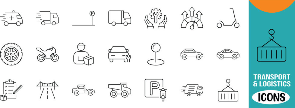 Transport and logistics vector icons. truck icon set, car icon set, container icon set