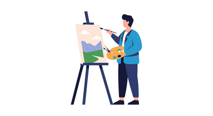 Fototapeta premium Artist Painting on Canvas, Creative Male Illustrator with Easel and Palette, Flat Vector Illustration Isolated on White Background