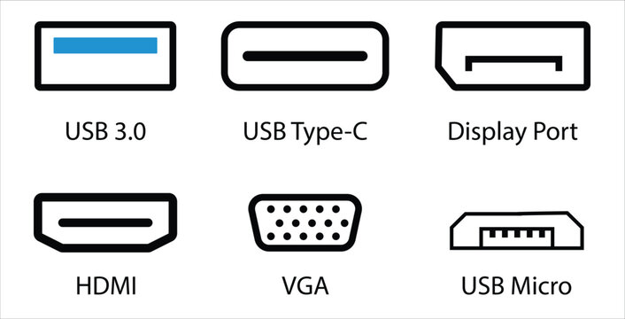 Computer ports and video audio connectors interface icon set, flat outline hardware display sockets collection on light background.