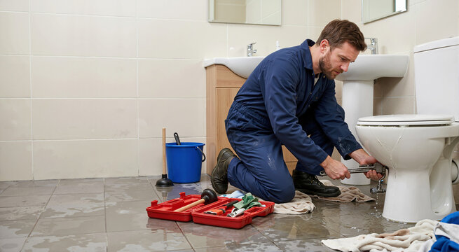Plumber fixing overflowing toilet in bathroom. Handyman repairing leaking pipe during water emergency with tools on wet floor