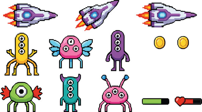 Pixel art space shooter arcade game asset set with spaceship rocket alien monsters gold coins and health bar elements isolated on white vector