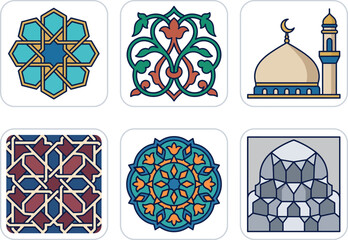 Fototapeta premium Islamic pattern vector designs with mosque illustration on transparent background