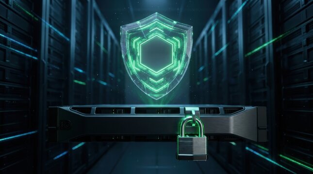 Digital security concept featuring a glowing shield and a metallic padlock over a server rack in a modern data center
