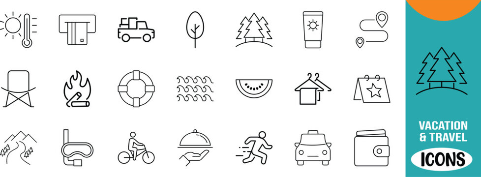 Summer vacation travel vector icons. sunscreen icon set, wallet icon set, taxi icon set