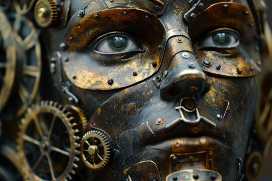 Mechanical steampunk face with gears and rivets showing intelligence and futuristic concept