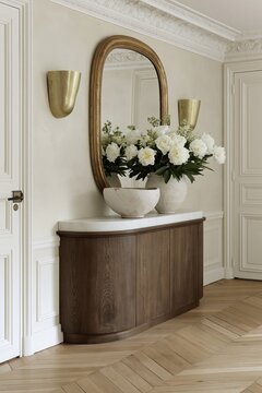 Elegant Parisian apartment hallway featuring warm cream walls, a wooden console table, a large mirror, and a floral arrangement in decorative vases