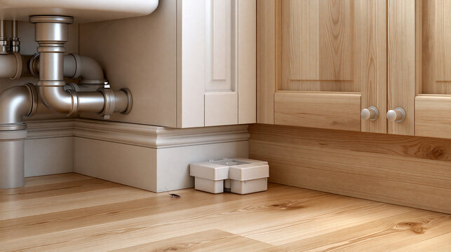 High-resolution photorealistic documentary commercial stock photo of the inside corner of a clean kitchen sink cabinet with a plain unbranded pest monitoring trap placed neatly nea