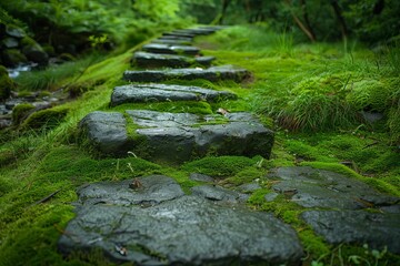Naklejka premium Wet mossy stone steps winding through a tranquil green forest, creating a serene and natural pathway
