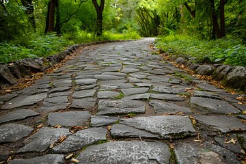 Naklejka premium Stone paved pathway meandering through a tranquil green park, creating a serene and inviting atmosphere