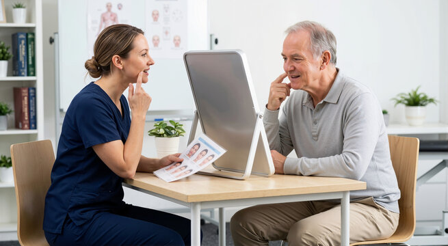 Speech language pathologist helping senior male patient with facial exercises. Bell's palsy recovery and facial nerve rehabilitation in clinical setting