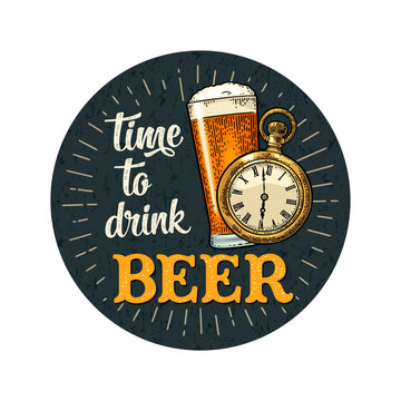 Antique pocket watch and mug. Time to drink beer lettering. Vector color vintage illustration outline. Isolated on dark background. Hand drawn design element for t shirt, poster