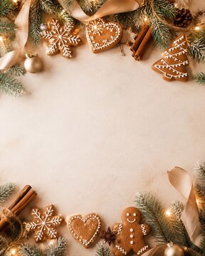 Festive Gingerbread Christmas Border With Copy Space Holiday flat lay frames a warm beige background with gingerbread cookies, evergreen branches, cinnamon sticks, pine cones, and glowing lights