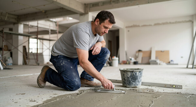 Caucasian man kneeling and applying grey screed to a concrete floor with a trowel. Construction worker leveling surface in an unfinished building interior. Home renovation and flooring repair