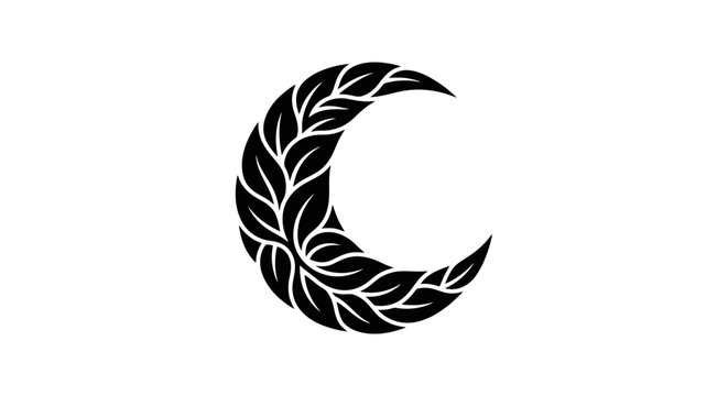 Black crescent moon with leaf design.