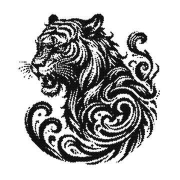 Black and white tiger illustration with swirling patterns vector art