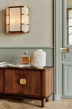 Closeup of a small crystal perfume bottle and ceramic vase on a wooden sideboard in a stylish interior with elegant wall sconce and light green paneling