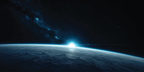 Cosmic view of the milky way galaxy over the earth horizon with astronomy universe astrophysics starlight celestial exploration atmosphere astronomical infinite nightsky spaceflight © jr graphics