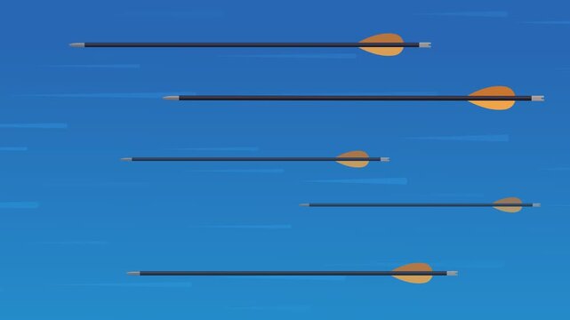 Loopable animation of multiple arrows flying fast through the sky. Concept of teamwork, group effort, and collective strategy. (loopable)