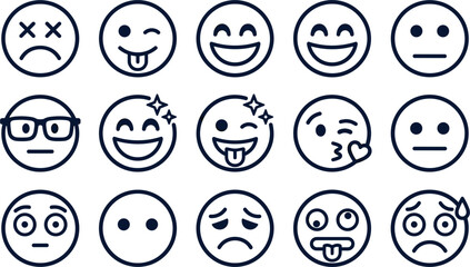 Fototapeta premium Black line emoji emoticon big collection set with various happy sad shocked nerdy dead and playful facial expressions isolated on white background vector