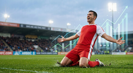 Fototapeta premium Soccer player in red uniform celebrating a goal with a knee slide on the pitch. Financial growth charts and rising arrows overlay. Sports betting success and analytics concept