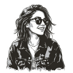 Vector portrait of a fashionable young beautiful woman wearing sunglasses and tousled hair. Black and white female portrait.