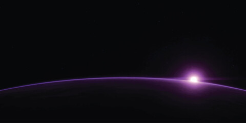 Purple planet horizon with glowing sunrise in dark outer space science fiction universe astronomy exploration celestial astrophotography background mysterious planetoid atmosphere © jr graphics