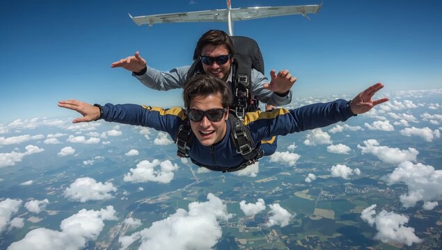 Two People Experience Tandem Skydiving Over a Landscape With Clouds and Fields
