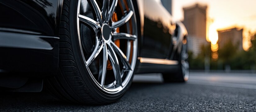 Close-up of a black luxury car wheel with orange brake calipers at sunset. Symbolizes high performance and automotive.